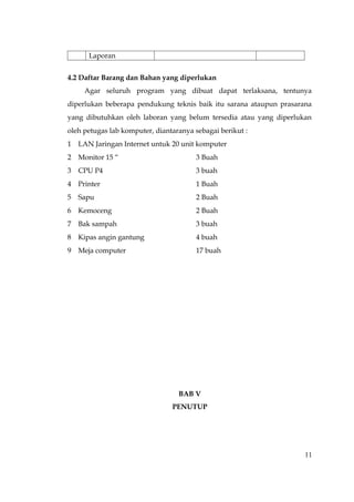 Laporan


4.2 Daftar Barang dan Bahan yang diperlukan
     Agar seluruh program yang dibuat dapat terlaksana, tentunya
diperlukan beberapa pendukung teknis baik itu sarana ataupun prasarana
yang dibutuhkan oleh laboran yang belum tersedia atau yang diperlukan
oleh petugas lab komputer, diantaranya sebagai berikut :
1   LAN Jaringan Internet untuk 20 unit komputer
2   Monitor 15 “                       3 Buah
3   CPU P4                             3 buah
4   Printer                            1 Buah
5   Sapu                               2 Buah
6   Kemoceng                           2 Buah
7   Bak sampah                         3 buah
8   Kipas angin gantung                4 buah
9   Meja computer                      17 buah




                                  BAB V
                                PENUTUP




                                                                    11
 