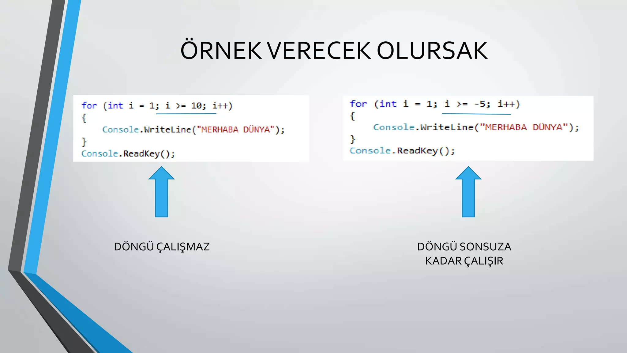 ÖRNEKVERECEK OLURSAK
DÖNGÜ ÇALIŞMAZ DÖNGÜ SONSUZA
KADAR ÇALIŞIR
 