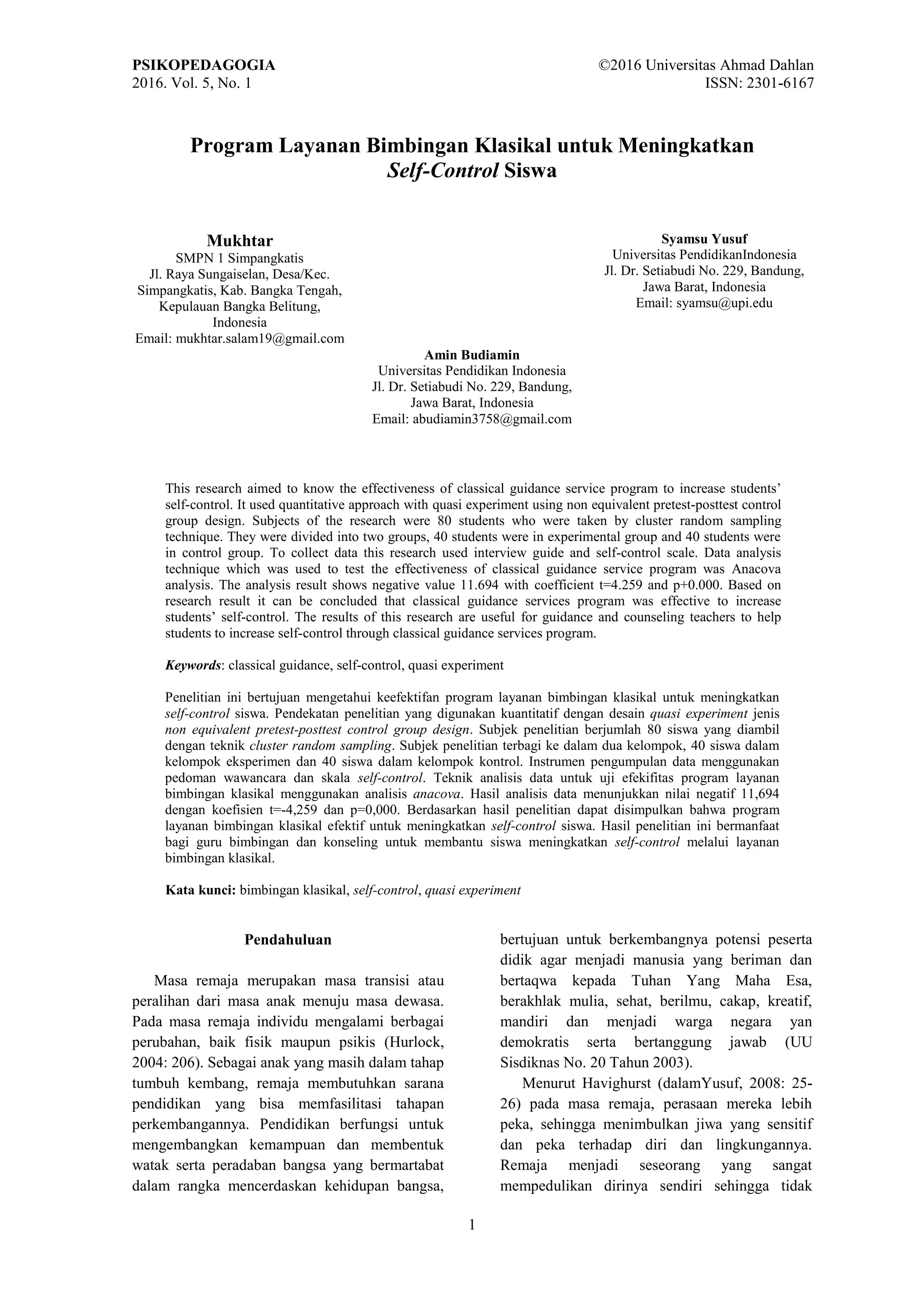 Program layanan bimbingan klasikal untuk meningkatkan self control