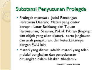 Substansi Penyusunan Prolegda Prolegda memuat :  Judul Rancangan Peraturan Daerah;  Materi yang diatur berupa : Latar Belakang dan Tujuan Penyusunan,  Sasaran, Pokok Pikiran (lingkup dan objek yang akan diatur),  serta jangkauan dan arah pengaturan; dan keterkaitannya dengan PUU lain Materi yang diatur  adalah materi yang telah melalui pengkajian dan penyelarasan dituangkan dalam Naskah Akademik. Pasal 33 UU No. 12/2011 