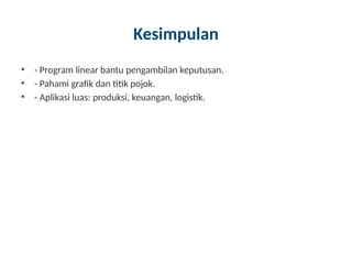 Kesimpulan
• - Program linear bantu pengambilan keputusan.
• - Pahami grafik dan titik pojok.
• - Aplikasi luas: produksi, keuangan, logistik.
 