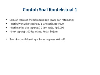 Contoh Soal Kontekstual 1
• Sebuah toko roti memproduksi roti tawar dan roti manis:
• - Roti tawar: 2 kg tepung & 1 jam kerja, Rp4.000
• - Roti manis: 1 kg tepung & 2 jam kerja, Rp5.000
• - Stok tepung: 100 kg, Waktu kerja: 80 jam
• Tentukan jumlah roti agar keuntungan maksimal!
 
