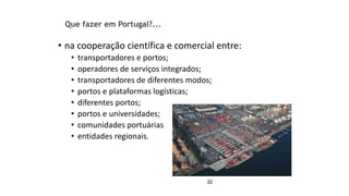 32
• na cooperação científica e comercial entre:
• transportadores e portos;
• operadores de serviços integrados;
• transportadores de diferentes modos;
• portos e plataformas logísticas;
• diferentes portos;
• portos e universidades;
• comunidades portuárias
• entidades regionais.
Que fazer em Portugal?...
 