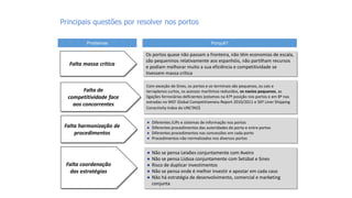 Problemas
Principais questões por resolver nos portos
Porquê?
Falta massa crítica
Falta de
competitividade face
aos concorrentes
Os portos quase não passam a fronteira, não têm economias de escala,
são pequeninos relativamente aos espanhóis, não partilham recursos
e podiam melhorar muito a sua eficiência e competitividade se
tivessem massa crítica
Com exceção de Sines, os portos e os terminais são pequenos, os cais e
terraplenos curtos, os acessos marítimos reduzidos, os navios pequenos, as
ligações ferroviárias deficientes (estamos na 47ª posição nos portos e em 8ª nas
estradas no WEF Global Competitiveness Report 2010/2011 e 56º Liner Shipping
Conectivity Index da UNCTAD)
Falta harmonização de
procedimentos
● Diferentes JUPs e sistemas de informação nos portos
● Diferentes procedimentos das autoridades do porto e entre portos
● Diferentes procedimentos nas concessões em cada porto
● Procedimentos não normalizados nos diversos portos
Falta coordenação
das estratégias
● Não se pensa Leixões conjuntamente com Aveiro
● Não se pensa Lisboa conjuntamente com Setúbal e Sines
● Risco de duplicar investimentos
● Não se pensa onde é melhor investir e apostar em cada caso
● Não há estratégia de desenvolvimento, comercial e marketing
conjunta
 