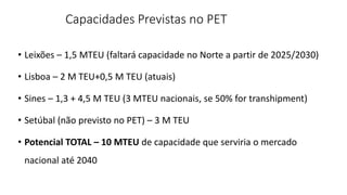 Capacidades Previstas no PET
• Leixões – 1,5 MTEU (faltará capacidade no Norte a partir de 2025/2030)
• Lisboa – 2 M TEU+0,5 M TEU (atuais)
• Sines – 1,3 + 4,5 M TEU (3 MTEU nacionais, se 50% for transhipment)
• Setúbal (não previsto no PET) – 3 M TEU
• Potencial TOTAL – 10 MTEU de capacidade que serviria o mercado
nacional até 2040
 