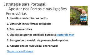 Estratégia para Portugal:
- Apostar nos Portos e nas ligações
Ferroviárias
1. Investir e modernizar os portos
2. Construir linhas férreas de ligação
3. Criar massa crítica
4. Ligação aos portos em Bitola Europeia cluster do mar
5. Reorganizar o modelo de governação dos portos
6. Apostar em ser Hub Global em Portugal
Os portos em Portugal
 