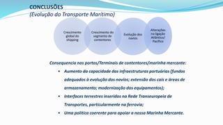 CONCLUSÕES
(Evolução do Transporte Marítimo)
Consequencia nos portos/Terminais de contentores/marinha mercante:
• Aumento da capacidade das infraestruturas portuárias (fundos
adequados à evolução dos navios; extensão dos cais e áreas de
armazenamento; modernização dos equipamentos);
• Interfaces terrestres inseridos na Rede Transeuropeia de
Transportes, particularmente na ferrovia;
• Uma política coerente para apoiar a nossa Marinha Mercante.
Crescimento
global do
shipping
Crescimento do
segmento de
contentores
Evolução dos
navios
Alterações
na ligação
Atlântico/
Pacifico
 