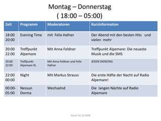 Stand: 02.10.2009Montag – Donnerstag ( 18:00 – 05:00) Stand: 02.10.2009