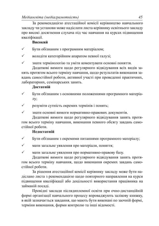 Медіаосвіта (медіаграмотність) 45
За рекомендацією атестаційної комісії керівництво навчального
закладу чи установи може надіслати листа керівнику освітнього закладу
про високі досягнення слухача під час навчання на курсах підвищення
кваліфікації.
Високий
Бути обізнаним з програмним матеріалом;
володіти категорійним апаратом певної галузі;
знати термінологію та уміти коментувати основні поняття.
Додаткові вимоги щодо регулярного відвідування всіх видів за-
нять протягом всього терміну навчання, щодо результатів виконання за-
вдань самостійної роботи, активної участі при проведенні практичних,
лабораторних, семінарських занять.
Достатній
Бути обізнаним з основними положеннями програмного матеріа-
лу;
розуміти сутність окремих термінів і понять;
знати основні вимоги нормативно-правових документів.
Додаткові вимоги щодо регулярного відвідування занять протя-
гом всього терміну навчання, виконання певного обсягу завдань само-
стійної роботи.
Недостатній
Бути обізнаним з окремими питаннями програмного матеріалу;
мати загальне уявлення про матеріали, поняття;
мати загальне уявлення про нормативно-правову базу.
Додаткові вимоги щодо регулярного відвідування занять протя-
гом всього терміну навчання, щодо виконання окремих завдань само-
стійної роботи.
За рішення атестаційної комісії керівнику закладу може бути на-
діслано листа з рекомендацією щодо повторного направлення на курси
підвищення кваліфікації або доцільності використання працівника на
займаній посаді.
Провідні заклади післядипломної освіти при очно-дистанційній
формі організації навчального процесу впроваджують залікову книжку,
в якій зазначається завдання, що мають бути виконані по заочній формі,
терміни виконання, форми контролю та інші відомості.
 
