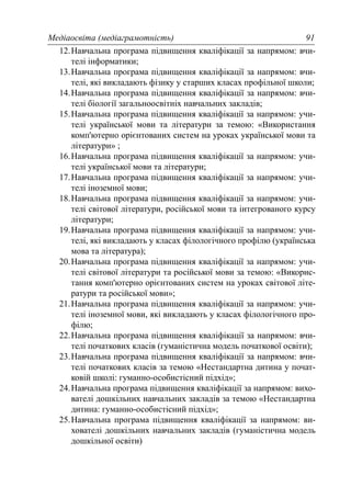 Медіаосвіта (медіаграмотність) 91
12.Навчальна програма підвищення кваліфікації за напрямом: вчи-
телі інформатики;
13.Навчальна програма підвищення кваліфікації за напрямом: вчи-
телі, які викладають фізику у старших класах профільної школи;
14.Навчальна програма підвищення кваліфікації за напрямом: вчи-
телі біології загальноосвітніх навчальних закладів;
15.Навчальна програма підвищення кваліфікації за напрямом: учи-
телі української мови та літератури за темою: «Використання
комп'ютерно орієнтованих систем на уроках української мови та
літератури» ;
16.Навчальна програма підвищення кваліфікації за напрямом: учи-
телі української мови та літератури;
17.Навчальна програма підвищення кваліфікації за напрямом: учи-
телі іноземної мови;
18.Навчальна програма підвищення кваліфікації за напрямом: учи-
телі світової літератури, російської мови та інтегрованого курсу
літератури;
19.Навчальна програма підвищення кваліфікації за напрямом: учи-
телі, які викладають у класах філологічного профілю (українська
мова та література);
20.Навчальна програма підвищення кваліфікації за напрямом: учи-
телі світової літератури та російської мови за темою: «Викорис-
тання комп'ютерно орієнтованих систем на уроках світової літе-
ратури та російської мови»;
21.Навчальна програма підвищення кваліфікації за напрямом: учи-
телі іноземної мови, які викладають у класах філологічного про-
філю;
22.Навчальна програма підвищення кваліфікації за напрямом: вчи-
телі початкових класів (гуманістична модель початкової освіти);
23.Навчальна програма підвищення кваліфікації за напрямом: вчи-
телі початкових класів за темою «Нестандартна дитина у почат-
ковій школі: гуманно-особистісний підхід»;
24.Навчальна програма підвищення кваліфікації за напрямом: вихо-
вателі дошкільних навчальних закладів за темою «Нестандартна
дитина: гуманно-особистісний підхід»;
25.Навчальна програма підвищення кваліфікації за напрямом: ви-
хователі дошкільних навчальних закладів (гуманістична модель
дошкільної освіти)
 