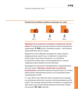 
СОЦИАЛЬНО ЗАЩИЩЕННЫЙ ГОРОД
СОЦИАЛЬНОЗАЩИЩЕННЫЙГОРОД
Приоритетом является семейное устройство детей-
сирот. В московских детских домах и домах-интернатах
проживают 3 949 детей. Основная задача – обеспечить
право ребенка жить в семье.
Правительством Москвы внедряется новая модель
профилактики сиротства и семейного устройства
детей-сирот. Вся ответственность за семейное
устройство детей-сирот сконцентрирована в одном
подразделении Правительства Москвы.
Планируется постепенно преобразовать традиционные
детские дома в Центры содействия семейному
воспитанию, основной задачей которых будет не только
обеспечение проживания детей, но и активный поиск
замещающих семей.
С 1 мая 2013 года в Москве были значительно повыше-
ны денежные выплаты семьям, воспитывающим детей-
сирот. Так, размер ежемесячного пособия на содержание
при опеке или усыновлении ребенка-инвалида теперь
составляет 25 тыс. рублей.
Ежемесячное пособие на ребенка-инвалида (тыс. руб.)
52011 г.
62012 г.
62013 г.
 