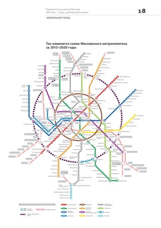 Приоритеты развития Москвы
«Москва – город, удобный для жизни» 
МОБИЛЬНЫЙ ГОРОД
Так изменится схема Московского метрополитена
за 2013−2020 годы
Славянский бульвар
Парк Победы
Ломоносовский проспект
Раменки
Мичуринский проспект
Очаково
Терешково
Солнцево
Новопеределкино
Рассказовка
Саларьево
Румянцево
Тропарево
Юго-Западная
Проспект Вернадского
Университет
Воробьевы
горы
Спортивная
Фрунзенская
Кутузовская
Фили
Багратионовская
Кунцевская
Пионерская
Молодежная
Крылатское
Строгино
Мякинино
Волоколамская
Митино
Пятницкое
шоссе
Пресня
Хорошевская
Полежаевская
Октябрьское Поле
Щукинская
Спартак
Тушинская
Сходненская
Планерная
Улица
Дыбенко
Речной вокзал
Водный стадион
Войковская
Сокол
Аэропорт
Динамо
Ходынское
поле
Беговая
Белорусская
Улица 1905 года
Маяковская
Международная
Выставочная Смоленская
Кутузовский
проспект
Пушкинская
Баррикадная
Краснопресненская
Арбатская
Смоленская
Арбатская
Киевская
Полянка
Октябрьская
Шаболовская
Ленинский проспект
Академическая
Профсоюзная
Новые Черемушки
Калужская
Беляево
Коньково
Теплый Cтан
Ясенево
Новоясеневская
Битцевский
парк
Улица
Старокачаловская
Бульвар Дмитрия Донского
Улица Скобелевская
Бульвар Адмирала Ушакова
Улица Горчакова
Бунинская аллея
Аннино
Ул. Академика Янгеля
Пражская
Южная
Чертановская
Севастопольская Каховская
Варшавская
Автозаводская
Коломенская
Каширская
Кантемировская
Царицыно
Орехово
Домодедовская
Красногвардейская
Зябликово
Шипиловская
Борисово
Марьино
Люблино
Братиславская
Выхино
Лермонтовский
проспект
Жулебино
Котельники
Алма-Атинская
Косино
Некрасовка
Рязанский
проспект
Кузьминки
Волжская
Печатники
Кожуховская
Дубровка
Крестьянская
Застава
Марксистская
Павелецкая
Серпуховская
Новокузнецкая
Третьяковская
Таганская
Китай-город
Тульская
Нагатинская
Нагорная
Нахимовский
проспект
Добрынинская
Кропоткинская
Боровицкая
Библиотека
им. Ленина
Площадь
Революции
Театральная
Лубянка
Тверская
Чеховская
Цветной
бульвар
Сретенский
бульвар
Тургеневская
Чистые пруды
Красные Ворота
Комсомольская
Трубная
Новослободская
Менделеевская
Достоевская
Сухаревская
Савеловская
Марьина
Роща
Дмитровская
Тимирязевская
Окружная
Верхние
Лихоборы
Дмитровское
шоссе
Селигерская
Челобитьево
Алтуфьево
Бибирево
Отрадное
Владыкино
Петровско-Разумовская
Медведково
Бабушкинская
Свиблово
Ботанический сад
ВДНХ
Алексеевская
Рижская
Улица Подбельского
Черкизовская
Преображенская площадь
Сокольники
Красносельская
Проспект
Мира
Щелковская
Первомайская
Измайловская
Партизанская
Семеновская
Электрозаводская
Бауманская
Новокосино
Новогиреево
Перово
Шоссе Энтузиастов
Курская
Чкаловская
Римская
Пл. Ильича
Авиамоторная
Пролетарская
Волгоградский
проспект
Волхонка
Плющиха
Лесопарковая
Косино-Ухтомская
Салтыковская улица
Ферганская улица
Окская улица
Нижегородская улица
Суворовская
Нижняя
Масловка
Петровский
парк
Бутырская
Фонвизинская
СТАНЦИИ НА CЕРОМ ФОНЕ – ТЕ, ЧТО УЖЕ СТРОЯТСЯ И БУДУТ ВВЕДЕНЫ ДО 2020 ГОДА
Станции
пересадок
Третий пересадочный
контур
Строящиеся линии
Сокольническая
Замоскворецкая
Арбатско-
Покровская
Филевская
Кольцевая
Калужско-
Рижская
Таганско-
Краснопресненская
Калининская
Серпуховско-
Тимирязевская
Люблинская
Каховская
Бутовская
Текстильщики
Студенческая
Александровский сад
Охотный Ряд Кузнецкий Мост
Филевский
парк
Парк Культуры
Деловой
центр
 