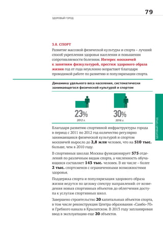 
ЗДОРОВЫЙ ГОРОД
ЗДОРОВЫЙГОРОД
3.8. СПОРТ
Развитие массовой физической культуры и спорта – лучший
способ укрепления здоровья населения и повышения
сопротивляемости болезням. Интерес москвичей
к занятиям физкультурой, престиж здорового образа
жизни год от года неуклонно возрастают благодаря
проводимой работе по развитию и популяризации спорта.
Благодаря развитию спортивной инфраструктуры города
в период с 2011 по 2012 год количество регулярно
занимающихся физической культурой и спортом
москвичей выросло до 2,8 млн человек, что на 510 тыс.
больше, чем в 2010 году.
В спортивных школах Москвы функционирует 575 отде-
лений по различным видам спорта, а численность обуча-
ющихся составляет 143 тыс. человек. В их числе – более
2 тыс. спортсменов с ограниченными возможностями
здоровья.
Поддержка спорта и популяризация здорового образа
жизни ведутся по целому спектру направлений: от возве-
дения новых спортивных объектов до облегчения досту-
па к услугам спортивных школ.
Завершено строительство 20 капитальных объектов спорта,
в том числе реконструкция Центра образования «Самбо–70»
и Гребного канала в Крылатском. В 2013 году запланирован
ввод в эксплуатацию еще 20 объектов.
2016 г.
30%23%
2012 г.
Динамика удельного веса населения, систематически
занимающегося физической культурой и спортом
 