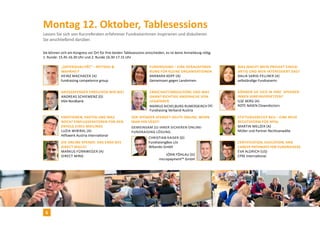 Montag 12. Oktober, Tablesessions
Lassen Sie sich von Kurzreferaten erfahrener FundraiserInnen inspirieren und diskutieren
Sie anschließend darüber.
Was macht mein Projekt einzig-
artig und wen interessiert das?
Dalia Sarig-Fellner (A)
selbständige Fundraiserin
Erbschaftsbroschüre und was
dann? richtige Ansprache von
Legataren
Markus Aichelburg-Rumerskirch (A)
Fundraising Verband Austria
„Datenqualität“ – Mythos &
Wahrheit
Heinz Machacek (A)
fundraising competence group
Stiftungsrecht NEU – Eine neue
Rechtsform für NPOs
Martin Melzer (A)
Müller und Partner Rechtsanwälte
Fundraising – eine Herausforde-
rung für kleine Organisationen
Barbara Kopf (A)
Gemeinsam gegen Landminen
Können Sie sich in Ihre Spender-
Innen hineinversetzen?
Ilse Berg (A)
ROTE NASEN Clowndoctors
Grossspender erreichen wir nie!
Andreas schiemenz (D)
HSH Nordbank
Emotionen, Fakten und was
noch? Einflussfaktoren für den
Erfolg eines Mailings
Luzia Wibiral (A)
Hilfswerk Austria International
Certification, Education, and
Career Pathways for Fundraisers
Eva Aldrich (US)
CFRE International
Die Online-Spende: das Ende des
Direct Mails?
Markus Fürnweger (A)
Direct Mind
Sie können sich am Kongress vor Ort für Ihre beiden Tablesessions entscheiden, es ist keine Anmeldung nötig.
1. Runde: 15.45-16.30 Uhr und 2. Runde 16.30-17.15 Uhr
Der Spender spendet heute online, wenn
man ihn lässt!
Gemeinsam zu Ihrer sicheren Online-
Fundraising Lösung.
Christian Kaiser (D)
FundraisingBox c/o
Wikando GmbH
Jörn Föhlau (D)
micropayment™ GmbH
6
 