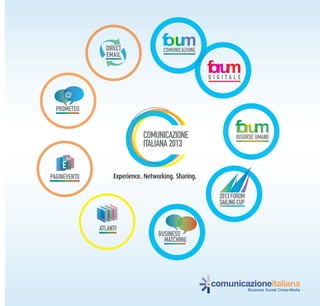 DIRECT                COMUNICAZIONE
                EMAIL


                                                      DIGITALE

     @
  PROMETEO


                              COMUNICAZIONE                    RISORSE UMANE
                              ITALIANA 2013

    E
PAGINEVENTO        Experience. Networking. Sharing.

                                                        2013 FORUM
                                                        SAILING CUP


              ATLANTI
                                    BUSINESS
                                      MATCHING




                                                      comunicazioneitaliana
                                                                      Business Social Cross-Media
 
