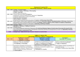 Παρασκευή 12 Απριλίου 2013
                                                         Πανεπιστήμιο Μακεδονίας - Αίθουσα Τελετών
13:00 – 14:00   Υποδοχή – Εγγραφή Συνέδρων
                Προεδρείο: Ν. Σκίκος, Χ. Βαϊτσίδης, Ζ. Μανουσαρίδης
                Έναρξη - Χαιρετισμοί
                Μουσικό Σχολείο Θεσσαλονίκης
14:00 – 15:00   Υπουργός Μακεδονίας-Θράκης Θ. Καράογλου
                Περιφερειακός Διευθυντής Εκπαίδευσης Κεντ. Μακεδονίας Γ. Καρατάσιος
                Εκπρόσωποι Περιφερειακής & Τοπικής Αυτοδιοίκησης
                Εκπρόσωποι Φορέων & Κομμάτων
                Ομιλίες Χορηγών – Συνεργατών
                Η τεχνολογία στη διαδραστική εκπαιδευτική εμπειρία, Ν. Γεωργίου, Υπεύθυνη λύσεων Epson Hellas
15:00– 16:30    Oracle Academy: ευκαιρίες δωρεάν επιμόρφωσης για εκπαιδευτικούς. Ε. Τσιπά, ΡR & Corporate Citizenship Specialist, GCMM cluster, Oracle Ελλάς
                Πρωτοποριακές λύσεις για απόλυτη Ασφάλεια στο Διαδίκτυο, Π. Τσάδαρης, Διευθύνων Σύμβουλος Τ&Κ Συστήματα & Εφαρμογές Πληροφορικής
                LMAtool: Διαδραστικό περιεχόμενο για κάθε χρήση, Α. Δαμιανάκης, Διευθυντής Conceptum
16:30 – 17:00   Διάλειμμα – Καφές
                Προεδρείο: Γ. Τσοπόκης, Α. Μαβίδης, Β. Εφόπουλος
                Κεντρικές Ομιλίες
17:00 –19:00    Το Β’ επίπεδο επιμόρφωσης εκπαιδευτικών Πληροφορικής, Β. Δαγδιλέλης Καθηγητής Τμήματος Εκπαιδευτικής & Κοινωνικής Πολιτικής ΠA.MAK.
                Υπολογιστική σκέψη και συνεργατική μάθηση σε δραστηριότητες εκπαιδευτικής ρομποτικής και προγραμματισμού με Scratch", Σ. Δημητριάδης, Επίκουρος
                Καθηγητής Τμήματος Πληροφορικής Α.Π.Θ.
   21:30        Επίσημο Γεύμα – Βράβευση Καλύτερων Εργασιών: Domotel Les Lazaristes Hotel


                                                                Σάββατο 13 Απριλίου 2013
                                                    Πανεπιστήμιο Μακεδονίας - Πύργος Γ, Πληροφορικής
                           Αμφιθέατρο 11, 1ος όροφος                          Αμφιθέατρο 12, 1ος όροφος                              Εργαστήριο 1,
09:00 - 11:00                 Προεδρείο: Δ. Γιάτας,                             Προεδρείο: Ε. Κανίδης,                         Εργαστήριο 235, 2ος όροφος
                          Δ. Μεϊμαρίδου, Σ. Κωτσάκης                            Γ. Σπάλα, Γ. Πολυμέρης
                Στάσεις των μαθητών της Δευτεροβάθμιας             Απλοποιώντας την εγκατάσταση και τη λειτουργία    Ο ρόλος ως προπονητή του Πληροφορικού για τον
                Εκπαίδευσης ως προς την Ηλεκτρονική                του LTSP για τα ελληνικά και όχι μόνο σχολεία     Πανελλήνιο Διαγωνισμό Πληροφορικής
                Π. Σαλαβασίδης, Α. Οικονομίδης                     Γ. Σιάχος, Α. Γεωργόπουλος, Φ. Τσάμης, Ι.         Δ. Τζήμας, Ο. Μπαμπούλη
                                                                   Παπαναγιώτου, Ε. Παπακηρύκου, Ε. Νικόλτσιος
                Διερεύνηση της Αξιοποίησης των Τεχνολογιών         Παραγωγή κινουμένων σχεδίων με θέμα την           Λύσεις προβολής, εκτύπωσης, αρχειοθέτησης και
                Πληροφορίας και Επικοινωνίας στην Εκπαίδευση:      ανακύκλωση, σε εκπαιδευτικό περιβάλλον οπτικού    εκπαιδευτικά εργαλεία
                Χρήση Ελεύθερου Λογισμικού / Λογισμικού Ανοικτού   προγραμματισμού                                   Ν. Γεωργίου, Υπεύθυνη λύσεων Epson Hellas
                Κώδικα στα Σχολικά Εργαστήρια Πληροφορικής         Σ. Θεοδωρίδου, Β. Αλεξούδη
                Α. Παπακλεοβούλου
 