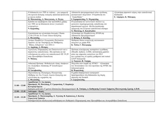 Η διδασκαλία των ΤΠΕ σε ενήλικες – μια εφαρμογή      Διδασκαλία προγραμματισμού μέσω σχεδίασης        Αξιοποίηση ψηφιακών κόμικς στην εκπαιδευτική
                στα σχολεία δεύτερης ευκαιρίας πρακτική προσέγγιση   ηλεκτρονικών παιχνιδιών: Η περίπτωση του         διαδικασία
                με έρευνα πεδίου                                     “GameMaker”                                      Ε. Λάμπρου, Κ. Μάλαμας
                Π. Μανεσιώτης, Α. Μουγγολιάς, Α. Ρίγγας              Ι. Σαρημπαλίδης, Ν. Μιχαηλίδης
                Εμπόδια και προβλήματα στην προσπάθεια χρήσης        Η αξιοποίηση των κοινωνικών δικτύων ως
                των ΤΠΕ για τη διδασκαλία άλλων γνωστικών            εργαλείων συμπληρωματικής εκπαίδευσης στο
                αντικειμένων                                         παραδοσιακό σχολείο. Μελέτη περίπτωσης
                Ν. Καριπίδης                                         εφαρμογής στο Ελληνικό εκπαιδευτικό σύστημα
                                                                     Χ. Μανώλης, Ε. Καλαϊτζίδου
                Εγκατάσταση και αξιοποίηση διανομής Ubuntu           Αξιοποίηση του Περιβάλλοντος BYOB στη
                12.04 LTS στο 5ο Γενικό Λύκειο Κατερίνης             Διδασκαλία Προγραμματισμού
                Σ. Φιλιππίδης                                        Α. Βούρος, E. Κανίδης
                Δυνάμει Περιβάλλον Συνεργασίας Πολλαπλών             Μαθητικό δίκτυο ανταλλαγής πολιτιστικών
                Χρηστών για την Υποστήριξη του Μαθήματος             στοιχείων με χρήση Wiki
                “Βάσεις Δεδομένωn” των ΕΠΑ.Λ.                        Κ. Τσίτα, Γ. Πολυμέρης
                Α. Αρχάκης, Α. Φλώρος
                Τεχνολογίες Πληροφορίας και Επικοινωνιών και ο       Πρόταση ολοκλήρωσης συστημάτων η-μάθησης
                παράγοντας εκπαιδευτικός: Μια πρόταση για την        (Moodle, mahara, LAMS), πιστοποίηση χρηστών
                ενδυνάμωση του ρόλου του εκπαιδευτικού ΠΕ 19-20      μέσω της υπηρεσίας καταλόγου του ΠΣΔ
                στην Πρωτοβάθμια Εκπαίδευση                          και εγγραφή τους σε ομάδες-μαθήματα από τοπικό
                Ν. Μπέκος                                            LDAP διακομιστή
                                                                     Α. Νικολού, Φ. Τσιάμη
                Διδακτική Πρόταση: Μεθοδολογία Λύσης Ασκήσεων        Παιχνίδια στον καμβά της HTML5 – Αξιοποίηση
                του Αλγόριθμου Διάσπασης IP Αυτοδύναμων              των δυνατοτήτων του νέου προτύπου της HTML στη
                Πακέτων                                              διδακτική πράξη
                Π. Σαλαβασίδης                                       Β. Ψωματάκης
                Παρουσίαση της Πλατφόρμας Ηλεκτρονικής               Η χρήση διαφορετικών κατηγοριών
                Μάθησης του 5ου Γενικού Λυκείου Κατερίνης και        δραστηριοτήτων στη διδασκαλία της δομής
                αξιολόγηση της ευχρηστίας της                        επιλογής στο Scratch,
                Σ. Φιλιππίδης                                        I. Σαριμπαλίδης
                Αμφιθέατρο 11, 1ος όροφος
                Προεδρείο: Μ. Πουλάκης, Ρ. Γραφανάκη, Τ. Καράκιζα
11:00 – 12:00
                Κεντρική Ομιλία
                Εμπειρίες μετά από 37 χρόνια διδασκαλίας Προγραμματισμού, Κ. Τσούρος, π. Καθηγητής Γενικού Τμήματος Πολυτεχνικής Σχολής Α.Π.Θ.
12:00 – 12:30   Διάλειμμα – Καφές
                Αμφιθέατρο 11, 1ος όροφος
                Προεδρείο: Ζ. Μανουσαρίδης, Σ. Τζελέπη, Β. Εφόπουλος, Ι. Κοτίνη
12:30 – 13:30
                Στρογγυλή Τράπεζα
                Επιστημονική και παιδαγωγική καθοδήγηση των Καθηγητών Πληροφορικής στην Πρωτοβάθμια και Δευτεροβάθμια Εκπαίδευση
 