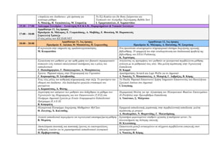 «Ασφάλεια στο Διαδίκτυο»: μία πρόταση για            Τα Έξι Καπέλα του De Bono Σκέφτονται και
                αυτόνομο μάθημα                                      Υλοποιούν τον Αλγόριθμο Ταξινόμησης Bubble Sort
                Χ. Μπαλής, Η. Ταγκόπουλος, Μ. Σταμούλη               Ι. Τραχανοπούλου, Ζ. Χαρπαντίδου
15:30 – 17:00   Διάλειμμα Συνεδρίου – Συνάντηση Π.Ε.ΚΑ.Π., Παραρτημάτων & Τοπικών Συλλόγων
                Αμφιθέατρο 11, 1ος όροφος
                Προεδρείο: Κ. Μάλαμας, Ε. Γλαμπεδάκης, Α. Μαβίδης, Ε. Φουσέκη, Μ. Παρασκευάς
17:00 – 18:00
                Στρογγυλή Τράπεζα
                Ο νέος ρόλος των ΚΕ.ΠΛΗ.ΝΕΤ.
                                      Αμφιθέατρο 11, 1ος όροφος                                                     Αμφιθέατρο 12, 1ος όροφος
18:00 – 20:00
                        Προεδρείο: Ε. Δαλάκα, Θ. Μπασούνας, Π. Συμεωνίδης                               Προεδρείο: Κ. Μάλαμας, Δ. Πανούσης, Μ. Σουρνάκη
                H τεχνολογία στην υπηρεσία της ομαδοσυνεργατικότητας                      Ένα πρωτότυπο ολοκληρωμένο πληροφοριακό σύστημα διαχείρισης σχολικής
                Μ. Κυπριανίδου                                                            βιβλιοθήκης. Η εφαρμογή του στην αναδιοργάνωση και διαδικτυακή προβολή της
                                                                                          βιβλιοθήκης του ΕΠΑΛ Ροδόπολης
                                                                                          Κ. Χερτούρας
                Εξοικείωση των μαθητών με την ορθή χρήση των βασικών περιφερειακών        Αναλύοντας τις προτιμήσεις των μαθητών σε ηλεκτρονικά περιβάλλοντα μάθησης
                συσκευών ενός τυπικού υπολογιστικού συστήματος και ο ρόλος του            ανάλογα με το μαθησιακό τους στυλ. Μια μελέτη περίπτωσης στην Τεχνολογική
                εκπαιδευτικού                                                             Εκπαίδευση
                Γ. Παπαδημητρίου, Γ. Παπαγεωργίου, Α. Μοσχόπουλος                         Π. Καρρά
                Έρευνα: Ψηφιακά κόμικς στην Πληροφορική του Γυμνασίου                     Δραστηριότητες Scratch και Lego WeDo για το Δημοτικό
                Γ. Καρκαμάνης, Π. Σαλαβασίδης                                             Δ. Νικολός, Ν. Μπακόπουλος, Α. Μισιρλή, Γ. Δαβράζος, Β. Κόμης
                Ένας νέος ρόλος του καθηγητή πληροφορικής στην τάξη. Το φαινόμενο του Τα Παιδία Ψηφιακά Επικοινωνεί Χρήση Υπηρεσιών Επικοινωνίας του Πανελλήνιου
                εθισμού στο διαδίκτυο. Δύο διαδεδομένα εργαλεία εντοπισμού του            Σχολικού Δικτύου στο Δημοτικό
                φαινομένου                                                                Ι. Σταγάκης
                Α. Καραπέτσας, Α. Φώτης
                Διερεύνηση των απόψεων των μαθητών που διδάχθηκαν το μάθημα των           Πειραματική Μελέτη για την Αξιοποίηση του Ηλεκτρονικού Φακέλου Επιτευγμάτων
                Τεχνολογιών της Πληροφορίας και των Επικοινωνιών (Τ.Π.Ε) στα              (E-Portfolio) στην Πρωτοβάθμια Εκπαίδευση
                Ολοήμερα Δημοτικά Σχολεία με Ενιαίο Αναμορφωμένο Εκπαιδευτικό             Δ. Τσούτσου, Σ. Μπέρτσου
                Πρόγραμμα (Ε.Α.Ε.Π)
                Β. Καψιμάλη
                Ηλεκτρονική Πλατφόρμα Διαχείρισης Μαθημάτων MyClass                       Εφαρμογή εκπαιδευτικής ρομποτικής στην περιβαλλοντική εκπαίδευση: μελέτη
                Θ. Ζευγίτης, Χ. Καλτσίδης                                                 περίπτωσης με project
                                                                                          Α. Θεοδωρίδου, Ν. Φαχαντίδης, Γ. Μαλανδράκης
                Ανοικτό εκπαιδευτικό περιεχόμενο για τεχνολογικά υποστηριζόμενη μάθηση Εργαστήριο μεμονωμένων σταθμών εργασίας ή multipoint server; Τα
                Β. Μυρώνη                                                                 πλεονεκτήματα της δεύτερης επιλογής
                                                                                          Θ. Κλειτσάκης
                Αποτελέσματα ποιοτικής και ποσοτικής έρευνας σε οικονομολόγους            Επικοινωνία μεταξύ αντικειμένων σε σύγχρονα περιβάλλοντα εισαγωγής στον
                καθηγητές λυκείου για τα χαρακτηριστικά εκπαιδευτικού λογισμικού          προγραμματισμό
                Π. Πριβαρτιτσάνης                                                         Δ. Νικολός, Β. Κόμης
 