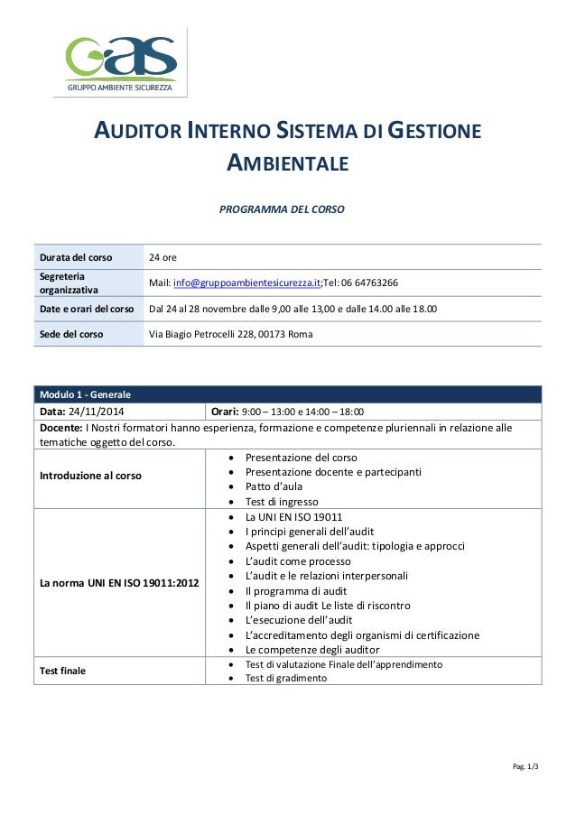 Programma auditinternosgagruppoambientesicurezza Programma auditinternosgagruppoambientesicurezza