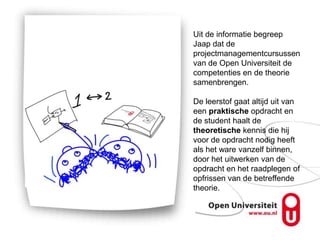 Uit de informatie begreep
Jaap dat de
projectmanagementcursussen
van de Open Universiteit de
competenties en de theorie
samenbrengen.

De leerstof gaat altijd uit van
een praktische opdracht en
de student haalt de
theoretische kennis die hij
voor de opdracht nodig heeft
als het ware vanzelf binnen,
door het uitwerken van de
opdracht en het raadplegen of
opfrissen van de betreffende
theorie.
 