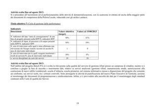 18
Attività svolta fino ad agosto 2013:
Si è proceduto all’incremento ed al perfezionamento delle attività di dematerializzazione, con la scansione in entrata ed uscita della maggior parte
dei documenti di competenza della Polizia Locale, riducendo così gli archivi cartacei.
Titolo obiettivo 7: Ciclo di gestione delle performance
Indicatori:
Descrizione Valore obiettivo
(target)
Valore al 15/08/2013
N. indicatori del tipo “stato di conseguimento” di una
fase di progetto presenti nella RPP/N. indicatori RPP
50% 41%
N. indicatori di input, di processo e di output presenti
nella RPP/N. indicatori RPP
50% 59%
N. aree di intervento sulle quali è stata effettuata una
rilevazione dei bisogni tramite incontri di ascolto/N.
aree di intervento individuate
1 0
N. aree di intervento per le quali vengono monitorati i
livelli di servizio/N. aree di intervento individuate
30% 0%
n. servizi disciplinati da carte dei servizi 20 20
Attività svolta fino ad agosto 2013:
Nell’ambito del progetto Bench PA si è svolta la rilevazione sulla qualità del servizio di gestione rifiuti presso un campione di cittadini, mentre si è
conclusa a giugno la fase di raccolta e inserimento dati, relativi ai servizi analizzati (gestione rifiuti, manutenzione strade, autorizzazioni alla
costruzione di nuovi edifici residenziali, scuola d’infanzia, scuola primaria), nel sistema informativo messo a disposizione del progetto che consente
un confronto, sui servizi scelti, tra i comuni coinvolti. Sono proseguite le attività di pianificazione del nuovo Piano Esecutivo di Gestione, assieme
ai monitoraggi dei documenti di programmazione e rendicontazione. Infine, si è provveduto alla raccolta dei dati per il monitoraggio degli standard
contenuti nelle Carte di qualità dei Servizi.
 
