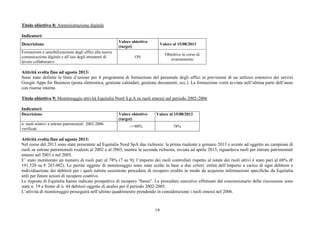 19
Titolo obiettivo 8: Amministrazione digitale
Indicatori:
Descrizione
Valore obiettivo
(target)
Valore al 15/08/2013
Formazione e sensibilizzazione degli uffici alla nuova
comunicazione digitale e all’uso degli strumenti di
lavoro collaborativi
ON
Obiettivo in corso di
avanzamento
Attività svolta fino ad agosto 2013:
Sono state definite le linee d’azione per il programma di formazione del personale degli uffici in previsione di un utilizzo estensivo dei servizi
Google Apps for Business (posta elettronica, gestione calendari, gestione documenti, ecc.). La formazione verrà avviata nell’ultima parte dell’anno
con risorse interne.
Titolo obiettivo 9: Monitoraggio attività Equitalia Nord S.p.A su ruoli emessi nel periodo 2002-2006
Indicatori:
Descrizione Valore obiettivo
(target)
Valore al 15/08/2013
n. ruoli relativi a entrate patrimoniali 2002-2006
verificati
>=80% 78%
Attività svolta fino ad agosto 2013:
Nel corso del 2013 sono state presentate ad Equitalia Nord SpA due richieste: la prima risalente a gennaio 2013 e avente ad oggetto un campione di
ruoli su entrate patrimoniali risalenti al 2002 e al 2003, mentre la seconda richiesta, inviata ad aprile 2013, riguardava ruoli per entrate patrimoniali
emessi nel 2003 e nel 2005.
E’ stato monitorato un numero di ruoli pari al 78% (7 su 9); l’importo dei ruoli controllati rispetto al totale dei ruoli attivi è stato pari al 68% (€
191.520 su € 283.002). Le partite oggetto di monitoraggio sono state scelte in base a due criteri: entità dell’importo a carico di ogni debitore e
individuazione dei debitori per i quali tuttora sussistono procedure di recupero credito in modo da acquisire informazioni specifiche da Equitalia
utili per future azioni di recupero coattivo.
Le risposte di Equitalia hanno indicato prospettive di recupero “basse”. Le procedure esecutive effettuate dal concessionario della riscossione sono
state n. 19 a fronte di n. 44 debitori oggetto di analisi per il periodo 2002-2005.
L’attività di monitoraggio proseguirà nell’ultimo quadrimestre prendendo in considerazione i ruoli emessi nel 2006.
 