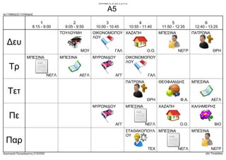 4ο ΓΥΜΝΑΣΙΟ ΓΛΥΦΑΔΑΣ
Δημιουργία Προγράμματος:21/5/2020 aSc Timetables
ΜΟΥ
ΤΟΥΛΟΥΜΗ
Ο.Ο.
ΧΑΖΑΠΗ
ΝΕΓΡ
ΜΠΕΣΙΝΑ
ΘΡΗ
ΠΑΤΡΩΝΑ
ΓΑΛ
ΟΙΚΟΝΟΜΟΠΟΥ
ΛΟΥ
ΑΓΓ
ΜΥΡΩΝΙΔΟΥ
ΑΕΓΛ
ΜΠΕΣΙΝΑ
ΝΕΓΛ
ΜΠΕΣΙΝΑ
ΓΑΛ
ΟΙΚΟΝΟΜΟΠΟΥ
ΛΟΥ
ΑΕΓΛ
ΜΠΕΣΙΝΑ
ΘΡΗ
ΠΑΤΡΩΝΑ
Φ.Α.
ΘΕΟΦΑΝΙΔΗΣ
ΒΙΟ
ΚΑΛΗΜΕΡΗΣ
Ο.Ο.
ΧΑΖΑΠΗ
ΑΓΓ
ΜΥΡΩΝΙΔΟΥ
ΝΕΓΛ
ΜΠΕΣΙΝΑ
ΝΕΓΡ
ΜΠΕΣΙΝΑ
ΤΕΧ
ΣΤΑΘΑΚΟΠΟΥΛ
ΟΥ
ΝΕΓΛ
ΜΠΕΣΙΝΑ
Δευ
Τρ
Τετ
Πε
Παρ
1
8:15 - 9:00
2
9:05 - 9:50
3
10:00 - 10:45
4
10:55 - 11:40
5
11:50 - 12:35
6
12:40 - 13:25
ΠΡΟΓΡΑΜΜΑ_25_05_2020_Θ_Δε-Τε-Πα
Α5
 