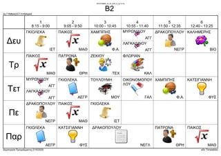 4ο ΓΥΜΝΑΣΙΟ ΓΛΥΦΑΔΑΣ
Δημιουργία Προγράμματος:21/5/2020 aSc Timetables
ΒΙΟ
ΚΑΛΗΜΕΡΗΣ
ΑΓΓ
ΛΑΓΚΑΔΙΝΟΥ
ΑΓΓ
ΜΥΡΩΝΙΔΟΥ
ΙΣΤ
ΓΚΙΟΛΕΚΑ
ΝΕΓΡ
ΔΡΑΚΟΠΟΥΛΟΥ
ΜΑΘ
ΠΑΙΚΟΣ
Φ.Α.
ΧΑΜΠΙΠΗΣ
ΘΡΗ
ΠΑΤΡΩΝΑ
ΚΑΛ
ΦΛΩΡΙΑΝ
ΜΑΘ
ΠΑΙΚΟΣ
ΤΕΧ
ΖΕΚΙΟΥ
ΜΟΥ
ΤΟΥΛΟΥΜΗ
ΑΓΓ
ΛΑΓΚΑΔΙΝΟΥ
ΑΓΓ
ΜΥΡΩΝΙΔΟΥ
ΑΕΓΡ
ΓΚΙΟΛΕΚΑ
ΦΥΣ
ΚΑΤΣΙΓΙΑΝΝΗ
Φ.Α.
ΧΑΜΠΙΠΗΣ
ΓΑΛ
ΟΙΚΟΝΟΜΟΠΟΥ
ΛΟΥ
ΙΣΤ
ΓΚΙΟΛΕΚΑ
ΝΕΓΡ
ΔΡΑΚΟΠΟΥΛΟΥ
ΜΑΘ
ΠΑΙΚΟΣ
ΝΕΓΛ
ΔΡΑΚΟΠΟΥΛΟΥ
ΘΡΗ
ΠΑΤΡΩΝΑ
ΑΕΓΡ
ΓΚΙΟΛΕΚΑ
ΦΥΣ
ΚΑΤΣΙΓΙΑΝΝΗ
ΜΑΘ
ΠΑΙΚΟΣ
Δευ
Τρ
Τετ
Πε
Παρ
1
8:15 - 9:00
2
9:05 - 9:50
3
10:00 - 10:45
4
10:55 - 11:40
5
11:50 - 12:35
6
12:40 - 13:25
ΠΡΟΓΡΑΜΜΑ_25_05_2020_Θ_Δε-Τε-Πα
Β2
 