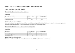 PROGETTO 2.1: TRASPARENZA E PARTECIPAZIONE ATTIVA 
Valore al 15/08/2014 
n. banche dati aggiornate 15 0 
n. banche dati nuove >=1 0 
17 
OBIETTIVI PER IL TRIENNIO 2014-2016 
Titolo obiettivo 1: Ascolto attivo e citizen satisfaction 
Indicatori: 
Descrizione indicatori Valore obiettivo 
(target) 
Valore al 15/08/2014 
% sportelli rilevati 100% 70% 
Attività svolta fino ad agosto 2014: 
Sono stati predisposti nuovi questionari semplificati secondo la metodologia dell'iniziativa “Mettiamoci la Faccia”, revisionati ed aggiornati i 
questionari relativi agli sportelli e ai servizi comunali già rilevati nel 2013 e pubblicati online. 
Titolo obiettivo 2: Pubblicazione e diffusione banche dati (Open data) 
Indicatori: 
Descrizione Valore obiettivo 
(target) 
Attività svolta fino ad agosto 2014: 
È in corso la rielaborazione dei dati al fine del loro inserimento e della loro pubblicazione in formato open. 
 