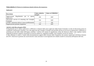 Titolo obiettivo 3: Palestre di cittadinanza digitale dedicate alla trasparenza 
18 
Indicatori: 
Descrizione Valore obiettivo 
(target) 
Valore al 15/08/2014 
Approvazione Regolamento per le riprese 
audiovisive 
ON OFF 
Attivazione servizio di streaming del Consiglio 
Comunale 
ON OFF 
e-PART: estensione utilizzo a nuove problematiche >=1 ON 
Organizzazione giornate trasparenza ON OFF 
Attività svolta fino ad agosto 2014: 
Il Regolamento per le riprese audiovisive e diffusione su Internet delle stesse approvato dalla Giunta Comunale è in fase di discussione presso la 
competente commissione consiliare. Una volta approvato dal Consiglio Comunale sarà possibile attivare un servizio di registrazione e diffusione in 
streaming sul web delle sedute dell'organo consiliare. L'utilizzo del sistema di segnalazione online dei disservizi ePart è stato ampliato tramite 
l'aggiunta di ulteriore categorie concernenti la sicurezza urbana (es. segnaletica stradale, soste irregolari, eccesso di velocità, …). 
È stato effettuato lo studio e l’analisi della documentazione oggetto delle Giornate della Trasparenza che saranno organizzate nell'ultimo trimestre 
del 2014. Attraverso la gestione dei social network è stato assicurato il coinvolgimento dei cittadini nonché la conoscenza dell'operato dell’ente. 
 
