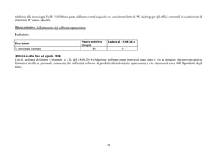 telefonia alla tecnologia VoIP. Nell'ultima parte dell'anno verrà acquisito un consistente lotto di PC desktop per gli uffici comunali in sostituzione di 
altrettanti PC ormai obsoleti. 
Titolo obiettivo 3: Estensione del software open source 
Indicatori: 
20 
Descrizione Valore obiettivo 
(target) 
Valore al 15/08/2014 
% personale formato 40 0 
Attività svolta fino ad agosto 2014: 
Con la delibera di Giunta Comunale n. 211 del 24.06.2014 (Adozione software open source) è stato dato il via al progetto che prevede attività 
formative rivolte al personale comunale che utilizzerà software di produttività individuale open source e che interesserà circa 400 dipendenti degli 
uffici. 
 