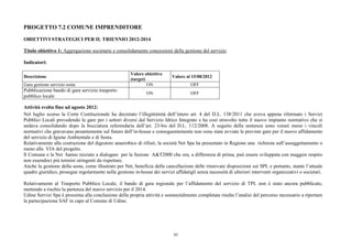 PROGETTO 7.2 COMUNE IMPRENDITORE

OBIETTIVI STRATEGICI PER IL TRIENNIO 2012-2014

Titolo obiettivo 1: Aggregazione societarie e consolidamento concessioni della gestione del servizio

Indicatori:

                                                       Valore obiettivo
Descrizione                                                                 Valore al 15/08/2012
                                                       (target)
Gara gestione servizio sosta                                    ON                    OFF
Pubblicazione bando di gara servizio trasporto
                                                               ON                     OFF
pubblico locale

Attività svolta fino ad agosto 2012:
Nel luglio scorso la Corte Costituzionale ha decretato l’illegittimità dell’intero art. 4 del D.L. 138/2011 che aveva appena riformato i Servizi
Pubblici Locali prevedendo le gare per i settori diversi dal Servizio Idrico Integrato e ha così stravolto tutto il nuovo impianto normativo che si
andava consolidando dopo la bocciatura referendaria dell’art. 23-bis del D.L. 112/2008. A seguito della sentenza sono venuti meno i vincoli
normativi che gravavano pesantemente sul futuro dell’in-house e conseguentemente non sono state avviate le previste gare per il nuovo affidamento
del servizio di Igiene Ambientale e di Sosta.
Relativamente alla costruzione del digestore anaerobico di rifiuti, la società Net Spa ha presentato in Regione una richiesta sull’assoggettamento o
meno alla VIA del progetto.
Il Comune e la Net hanno iniziato a dialogare per la fusione A&T2000 che ora, a differenza di prima, può essere sviluppata con maggior respiro
non essendoci più termini stringenti da rispettare.
Anche la gestione della sosta, come illustrato per Net, beneficia della cancellazione delle rinnovate disposizioni sui SPL e pertanto, stante l’attuale
quadro giuridico, prosegue regolarmente nella gestione in-house dei servizi affidatigli senza necessità di ulteriori interventi organizzativi o societari.

Relativamente al Trasporto Pubblico Locale, il bando di gara regionale per l’affidamento del servizio di TPL non è stato ancora pubblicato,
mettendo a rischio la partenza del nuovo servizio per il 2014.
Udine Servizi Spa è prossima alla conclusione della propria attività e sostanzialmente completata risulta l’analisi del percorso necessario a riportare
la partecipazione SAF in capo al Comune di Udine.




                                                                             93
 