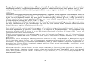 80
Prosegue altresì la progressiva implementazione e diffusione del modello di raccolta differenziata anche nelle aree ove le percentuali non
raggiungono la soglia del 65 %. Considerato il consolidamento del modello c.d. in house providing su cui si fonda l’operatività di NET, la società è
ora in grado di acquisire ulteriori affidamenti diretti, sempre in modalità in house, per la gestione dei rifiuti, da parte di ulteriori Enti pubblici.
AMGA S.p.A.
Attualmente, il quadro normativo del settore della distribuzione gas è giunto a compimento grazie all’emanazione di tutti i regolamenti attuativi che
consentono di avviare dal 2014, per l’Ambito “Udine 2 – Città di Udine e Centro”, la programmazione di tempi e fasi per la gestione associata, con
gli altri Enti Locali appartenenti all’ambito, delle prime gare che dovrebbero concludersi a primavera del 2015. Il Decreto legge 69/2013 ha
rafforzato le sanzioni nel caso di mancata aggiudicazione delle gare entro i termini indicati da un apposito Decreto Ministeriale. E’ stato costituito
un gruppo di lavoro per la gestione della gara dell’ATEM n. 2 Udinese.
In relazione alle disposizioni stabilite dall’Authority in materia di “Unbundling” (separazione societaria), Amga ha avviato un processo di scorporo
dell’attività di distribuzione gas che verrà a breve trasferita in capo ad una terza società controllata al 100%, interamente deputata all’esercizio di
detta attività, compreso la gestione dell’esistente contratto di servizio.
Dopo molteplici tentativi di accordo, è stata finalmente raggiunta un’intesa definitiva tra i gestori interessati, il Comune e la Consulta d’Ambito,
relativamente al trasferimento del ramo idrico Udinese da Amga a Cafc, operazione che dovrebbe perfezionarsi a fine 2013 garantendo così la
prosecuzione dell’attuale modello di gestione del servizio idrico cittadino ed assicurando nel contempo al Comune di Udine l’ingresso nella
compagine sociale di Cafc con un ruolo significativo.
Il Cafc ha recentemente comunicato di aver aggiudicato la gara per la provvista finanziaria volta ad acquistare il ramo S.I.I. Udinese e sono in corso
di programmazione la permuta delle azioni di Friulenergia con azioni Amga e la convocazione dell’assemblea straordinaria di Cafc e Friulenergia
per la fusione.
Relativamente al Servizio Idrico Integrato, il Comune continua ad interfacciarsi sia con la Consulta d’Ambito (ex ATO ora CATO) che con
l’AEEG (Autorità per l'energia elettrica e il gas), cui è stata assegnata la competenza sul settore idrico, in particolare per l’aspetto tariffe ed
investimenti. A tale proposito la CATO sta ultimando la stesura del Piano d’ambito che stabilisce la definitiva configurazione di opere e tariffe per i
prossimi trent’anni. Il Comune di Udine è costantemente impegnato su tali fronti al fine di garantire interventi congrui e sostenibili per il territorio
ed i cittadini in un’ottica di lungo termine.
Il Comune ha sottoscritto, ai primi di settembre, una lettera di intenti con Hera Spa per studiare una possibile aggregazione tra le due società. Lo
scopo di questo accordo è di analizzare oltre allo scenario di sviluppo semi-autonomo anche quello di aggregazione con una società quotata di
notevoli dimensioni fortemente presente in Friuli al fine di verificare le sinergie ed efficienze che si possono creare e la salvaguardia del valore della
partecipazione del Comune.
 