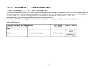 PROGETTO 11.10 LOTTA ALL’ABBANDONO SCOLASTICO

ATTIVITA’ ISTITUZIONALE SVOLTA FINO AD AGOSTO 2012
Nel corso dell’anno scolastico 2011-12 gli Istituti udinesi coinvolti sono stati il Marinoni, lo Stringher, lo Zanon ed il Ceconi che hanno optato in
prevalenza per i percorsi relativi alle dinamiche di gruppo e al clima di classe, rivolto alle classi prime o seconde, nonché per il percorso di peer
education, che di anno in anno ha avuto maggior successo coinvolgendo lo Stellini ed il Copernico, oltre ai 4 istituti citati.
I percorsi effettuati hanno riscontrato la soddisfazione del corpo docente coinvolto.
Non è stato molto richiesto invece il percorso sui comportamenti a rischio, dal momento che altri enti sono intervenuti in materia.

Indicatori di impatto:

Animazione nell’ambito delle scuole Indicatore                                        Valore obiettivo     Valore al 15/08/2012
di istruzione secondaria di secondo                                                    (Target) 2012
grado
                                                                                                               16 percorsi + 7
                                                                                                                  percorsi
Efficacia                             n. percorsi attivati nelle scuole              14 (fino a maggio)      extrascolastici per
                                                                                                              studenti di peer
                                                                                                            education in 5 istituti




                                                                            158
 