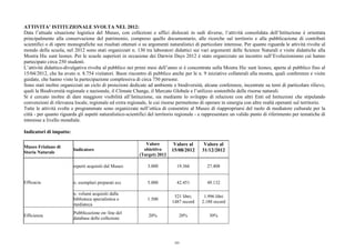 ATTIVITA’ ISTITUZIONALE SVOLTA NEL 2012:
Data l’attuale situazione logistica del Museo, con collezioni e uffici dislocati in sedi diverse, l’attività consolidata dell’Istituzione è orientata
principalmente alla conservazione del patrimonio, compreso quello documentario, alle ricerche sul territorio e alla pubblicazione di contributi
scientifici o di opere monografiche sui risultati ottenuti o su argomenti naturalistici di particolare interesse. Per quanto riguarda le attività rivolte al
mondo della scuola, nel 2012 sono stati organizzati n. 130 tra laboratori didattici sui vari argomenti delle Scienze Naturali e visite didattiche alla
Mostra Hic sunt leones. Per le scuole superiori in occasione dei Darwin Days 2012 è stato organizzato un incontro sull’Evoluzionismo cui hanno
partecipato circa 250 studenti.
L’attività didattico-divulgativa rivolta al pubblico nei primi mesi dell’anno si è concentrata sulla Mostra Hic sunt leones, aperta al pubblico fino al
15/04/2012, che ha avuto n. 8.754 visitatori. Buon riscontro di pubblico anche per le n. 9 iniziative collaterali alla mostra, quali conferenze e visite
guidate, che hanno visto la partecipazione complessiva di circa 750 persone.
Sono stati inoltre organizzati un ciclo di proiezioni dedicate ad ambiente e biodiversità, alcune conferenze, incentrate su temi di particolare rilievo,
quali la Biodiversità regionale e nazionale, il Climate Change, il Mercato Globale e l’utilizzo sostenibile delle risorse naturali.
Si è cercato inoltre di dare maggiore visibilità all’Istituzione, sia mediante lo sviluppo di relazioni con altri Enti ed Istituzioni che stipulando
convenzioni di rilevanza locale, regionale ed extra regionale, le cui risorse permettono di operare in sinergia con altre realtà operanti sul territorio.
Tutte le attività svolte e programmate sono organizzate nell’ottica di consentire al Museo di riappropriarsi del ruolo di mediatore culturale per la
città - per quanto riguarda gli aspetti naturalistico-scientifici del territorio regionale - e rappresentare un valido punto di riferimento per tematiche di
interesse a livello mondiale.
Indicatori di impatto:
Museo Friulano di
Storia Naturale
Indicatore
Valore
obiettivo
(Target) 2012
Valore al
15/08/2012
Valore al
31/12/2012
reperti acquisiti dal Museo 3.000 19.366 27.408
n. esemplari preparati ecc 5.000 42.451 49.132Efficacia
n. volumi acquisiti dalla
biblioteca specialistica e
mediateca
1.500
521 libri;
1487 record
1.996 libri
2.188 record
Efficienza
Pubblicazione on–line del
database delle collezioni
20% 20% 30%
201
 
