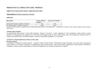 PROGETTO 12.1 UDINE CITTÀ DEL TIEPOLO
OBIETTIVI STRATEGICI PER IL TRIENNIO 2012-2014
Titolo obiettivo 1: Mostre tematiche sul Tiepolo
Indicatori:
Descrizione Valore obiettivo
(target)
Valore al 31/12/2012
Apertura della mostra “Tiepolo e Veronese” ON ON
N. visitatori mostra “Tiepolo e Veronese” 8.000 2.250*
*Il dato di 8.000 visitatori è complessivo per l’intera durata della mostra (17 novembre 2012 – 1 aprile 2013). Il dato di 2.250 visitatori riguarda i primi 43 giorni
della mostra
Attività svolta nel 2012:
La progettazione della mostra “I colori della seduzione- Tiepolo e Veronese” è stata completata. E’ stato completato il piano prestiti, il piano
allestitivo, la progettazione del catalogo con la redazione della maggior parte dei testi e delle schede. Sono stati assegnati gli incarichi relativi ai
trasporti, alle assicurazioni e all’ufficio stampa. La mostra è stata aperta al pubblico il 17 novembre
ATTIVITA’ ISTITUZIONALE SVOLTA NEL 2012
Rassegne culturali
E’ proseguito il progetto di valenza turistico – culturale “Udine città del Tiepolo”. Nell’ambito di questo progetto, sono state curate la rassegna di
musica barocca e le iniziative collaterali, il coordinamento della comunicazione, l’attività di raccordo, organizzativa e promozionale, finalizzata a
sviluppare la valenza turistica del progetto, le attività di collegamento con i partner del protocollo “Tiepolo”.
183
 