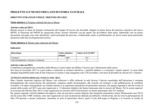 178
PROGETTO 12.9 MUSEO FRIULANO DI STORIA NATURALE
OBIETTIVI STRATEGICI PER IL TRIENNIO 2013-2015
Titolo obiettivo 1. Progetto culturale del nuovo Museo
Attività svolta nel 2013:
Benché ancora in attesa di formale costituzione del Gruppo di Lavoro che dovrebbe redigere la prima bozza del percorso espositivo del nuovo
MFSN, la Direzione del MFSN ha organizzato alcuni incontri informali con gli esperti che dovrebbero farne parte, elaborando così un primo
documento nel quale sono stati identificati i punti principali del percorso, evidenziando anche le problematiche cui dovrà essere posta particolare
attenzione nella fase di progettazione tecnica.
Titolo obiettivo 2: Mostra sulle collezioni del Museo
Indicatori:
Descrizione Valore obiettivo
(target)
Valore al 31/12/2013
Visitatori 1.000 821
Attività didattiche e iniziative collaterali 0 0
Attività svolta nel 2013:
Completata la progettazione scientifica della Mostra si è provveduto ad affidare l’incarico per l’allestimento della stessa.
Nel mese di novembre 2013 si è provveduto a realizzare le strutture allestitive, i pannelli didattici e a sistemare i reperti esposti. A causa della
ritardata disponibilità della sede di San Francesco la mostra è stata inaugurata solo il 30 novembre e nel mese di dicembre ha rilevato 821 visitatori.
ATTIVITÀ ISTITUZIONALE SVOLTA NEL 2013:
Data l’attuale situazione logistica del Museo, con collezioni e uffici dislocati in sedi diverse, l’attività consolidata dell’Istituzione è orientata
principalmente alla conservazione del patrimonio, compreso quello documentario, alle ricerche sul territorio e alla pubblicazione di contributi
scientifici o di opere monografiche sui risultati ottenuti o su argomenti naturalistici di particolare interesse. Per quanto riguarda le attività rivolte al
mondo della scuola, nel 2013 sono stati organizzati n. 12 laboratori didattici che hanno interessato tutte le sezioni del Museo. Per le scuole superiori
in occasione dei Darwin Days 2013 è stato organizzato un incontro sull’Evoluzionismo cui hanno partecipato oltre 415 studenti.
Per quanto riguarda l’attività didattico-divulgativa, oltre ad una breve mostra dedicata alla fotografia naturalistica (Oasis Photocontest tour 2013)
che ha avuto oltre 5.000 visitatori, sono stati organizzati un ciclo di proiezioni dedicate ad ambiente e biodiversità, che ha visto la partecipazione di
oltre 470 persone e alcune conferenze, incentrate su temi di particolare rilievo, quali il ciclo dell’acqua in Regione o le ricerche in Artide ed
 