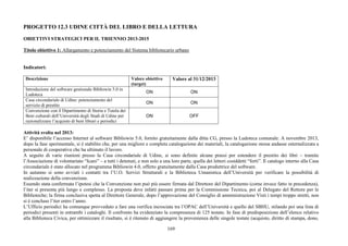 169
PROGETTO 12.3 UDINE CITTÀ DEL LIBRO E DELLA LETTURA
OBIETTIVI STRATEGICI PER IL TRIENNIO 2013-2015
Titolo obiettivo 1: Allargamento e potenziamento del Sistema bibliotecario urbano
Indicatori:
Descrizione Valore obiettivo
(target)
Valore al 31/12/2013
Introduzione del software gestionale Bibliowin 5.0 in
Ludoteca
ON ON
Casa circondariale di Udine: potenziamento del
servizio di prestito
ON ON
Convenzione con il Dipartimento di Storia e Tutela dei
Beni culturali dell’Università degli Studi di Udine per
razionalizzare l’acquisto di beni librari e periodici
ON OFF
Attività svolta nel 2013:
E’ disponibile l’accesso Internet al software Bibliowin 5.0, fornito gratuitamente dalla ditta CG, presso la Ludoteca comunale. A novembre 2013,
dopo la fase sperimentale, si è stabilito che, per una migliore e completa catalogazione dei materiali, la catalogazione stessa andasse esternalizzata a
personale di cooperativa che ha ultimato il lavoro.
A seguito di varie riunioni presso la Casa circondariale di Udine, si sono definite alcune prassi per estendere il prestito dei libri – tramite
l’Associazione di volontariato “Icaro” – a tutti i detenuti, e non solo a una loro parte, quella dei lettori cosiddetti “forti”. Il catalogo interno alla Casa
circondariale è stato allocato nel programma Bibliowin 4.0, offerto gratuitamente dalla Casa produttrice del software.
In autunno si sono avviati i contatti tra l’U.O. Servizi Strutturali e la Biblioteca Umanistica dell’Università per verificare la possibilità di
realizzazione della convenzione.
Essendo stata confermata l’ipotesi che la Convenzione non può più essere firmata dal Direttore del Dipartimento (come invece fatto in precedenza),
l’iter si presenta più lungo e complesso. La proposta deve infatti passare prima per la Commissione Tecnica, poi al Delegato del Rettore per le
Biblioteche; la firma conclusiva spetta al Direttore Generale, dopo l’approvazione del Consiglio di amministrazione Visti i tempi troppo stretti, non
si è concluso l’iter entro l’anno.
L’Ufficio periodici ha comunque provveduto a fare una verifica incrociata tra l’OPAC dell’Università e quello del SBHU, stilando poi una lista di
periodici presenti in entrambi i cataloghi. Il confronto ha evidenziato la compresenza di 125 testate. In fase di predisposizione dell’elenco relativo
alla Biblioteca Civica, per ottimizzare il risultato, si è ritenuto di aggiungere la provenienza delle singole testate (acquisto, diritto di stampa, dono,
 