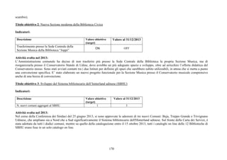 170
scambio).
Titolo obiettivo 2: Nuova Sezione moderna della Biblioteca Civica
Indicatori:
Descrizione Valore obiettivo
(target)
Valore al 31/12/2013
Trasferimento presso la Sede Centrale della
Sezione Musica della Biblioteca “Joppi”
ON OFF
Attività svolta nel 2013:
L’Amministrazione comunale ha deciso di non trasferire più presso la Sede Centrale della Biblioteca la propria Sezione Musica, ma di
riorganizzarla presso il Conservatorio Statale di Udine, dove avrebbe un più adeguato spazio e sviluppo, oltre ad arricchire l’offerta didattica del
Conservatorio stesso. Sono stati avviati contatti tra i due Istituti per definire gli spazi che sarebbero subito utilizzabili, in attesa che si metta a punto
una convenzione specifica. E’ stato elaborato un nuovo progetto funzionale per la Sezione Musica presso il Conservatorio musicale comprensivo
anche di una bozza di convenzione.
Titolo obiettivo 3: Sviluppo del Sistema bibliotecario dell’hinterland udinese (SBHU)
Indicatori:
Descrizione Valore obiettivo
(target)
Valore al 31/12/2013
N. nuovi comuni aggregati al SBHU 1 3
Attività svolta nel 2013:
Nel corso della Conferenza dei Sindaci del 25 giugno 2013, si sono approvate le adesioni di tre nuovi Comuni: Buja, Treppo Grande e Trivignano
Udinese, che ampliano sia a Nord che a Sud significativamente il Sistema bibliotecario dell'Hinterland udinese. Sul fronte della Carta dei Servizi, è
stata adottata da tutti i dodici comuni, mentre su quello della catalogazione entro il 15 ottobre 2013, tutti i cataloghi on line delle 12 Biblioteche di
SBHU erano fuse in un solo catalogo on line.
 