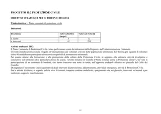 PROGETTO 15.2 PROTEZIONE CIVILE
OBIETTIVI STRATEGICI PER IL TRIENNIO 2012-2014
Titolo obiettivo 1: Piano comunale di protezione civile
Indicatori:
Descrizione Valore obiettivo
(target)
Valore al 31/12/12
n. iscritti 5 12
n. interventi 45 254
Attività svolta nel 2012:
Il Piano Comunale di Protezione Civile è stato perfezionato come da indicazioni della Regione e dell’Amministrazione Comunale.
Un forte impulso promozionale è legato all’opera prestata dai volontari a favore delle popolazioni terremotate dell’Emilia; più squadre di volontari
(oltre 40 unità) hanno partecipato ai soccorsi con periodi di permanenza settimanali.
Per quanto attiene alla formazione e alla promozione della cultura della Protezione Civile, in aggiunta alle ordinarie attività divulgative e
conoscitive sul territorio ed in particolare presso le scuole, l’evento tenutosi in Castello (“Notte in tenda come la Protezione Civile”), ha visto la
partecipazione di un centinaio di bambini, che hanno trascorso una notte in tenda, nell’apposita tendopoli allestita nel piazzale del Colle del
Castello.
Da segnalare l’incremento (anche qualitativo) degli interventi di prevenzione, addestramento, attività di emergenza, attività di Protezione Civile.
Fra le attività di rilievo, si segnala: pulizia alvei di torrenti, trasporto cordone ombelicale, spargimento sale per ghiaccio, interventi su incendi e per
maltempo, supporto manifestazioni.
237
 