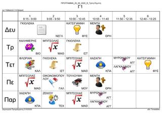 4ο ΓΥΜΝΑΣΙΟ ΓΛΥΦΑΔΑΣ
Δημιουργία Προγράμματος:21/5/2020 aSc Timetables
ΘΡΗ
ΜΕΝΤΗ
ΝΕΓΛ
ΓΚΙΟΛΕΚΑ
ΦΥΣ
ΚΑΤΣΙΓΙΑΝΝΗ
ΒΙΟ
ΚΑΛΗΜΕΡΗΣ
ΜΑΘ
ΜΠΙΤΣΟΛΑΣ
ΙΣΤ
ΓΚΙΟΛΕΚΑ
ΚΠΑ
ΧΑΖΑΠΗ
ΜΑΘ
ΜΠΙΤΣΟΛΑΣ
ΑΓΓ
ΛΑΓΚΑΔΙΝΟΥ
ΑΓΓ
ΜΥΡΩΝΙΔΟΥ
ΙΣΤ
ΓΚΙΟΛΕΚΑ
ΚΑΛ
ΦΛΩΡΙΑΝ
ΦΥΣ
ΚΑΤΣΙΓΙΑΝΝΗ
ΜΟΥ
ΤΟΥΛΟΥΜΗ
ΜΑΘ
ΜΠΙΤΣΟΛΑΣ
ΘΡΗ
ΜΕΝΤΗ
ΓΑΛ
ΟΙΚΟΝΟΜΟΠΟΥ
ΛΟΥ
ΚΠΑ
ΧΑΖΑΠΗ
ΜΑΘ
ΜΠΙΤΣΟΛΑΣ
ΑΓΓ
ΛΑΓΚΑΔΙΝΟΥ
ΑΓΓ
ΜΥΡΩΝΙΔΟΥ
ΤΕΧ
ΖΕΚΙΟΥ
Δευ
Τρ
Τετ
Πε
Παρ
1
8:15 - 9:00
2
9:05 - 9:50
3
10:00 - 10:45
4
10:55 - 11:40
5
11:50 - 12:35
6
12:40 - 13:25
ΠΡΟΓΡΑΜΜΑ_25_05_2020_Θ_Τρίτη-Πέμπτη
Γ1
 