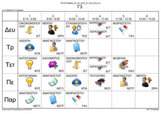 4ο ΓΥΜΝΑΣΙΟ ΓΛΥΦΑΔΑΣ
Δημιουργία Προγράμματος:21/5/2020 aSc Timetables
ΙΣΤ
ΟΙΚΟΝΟΜΟΠΟΥ
ΛΟΥ ΑΓΓ
ΜΥΡΩΝΙΔΟΥ
ΑΓΓ
ΛΑΓΚΑΔΙΝΟΥ
ΘΡΗ
ΜΕΝΤΗ
ΓΑΛ
ΜΟΙΡΑΣΓΕΤΗ
ΤΕΧ
ΣΤΑΘΑΚΟΠΟΥΛ
ΟΥ
ΚΠΑ
ΧΑΖΑΠΗ
ΑΕΓΡ
ΑΝΑΓΝΩΣΤΟΥ
ΝΕΓΡ
ΑΝΑΓΝΩΣΤΟΥ
ΒΙΟ
ΚΑΛΗΜΕΡΗΣ
ΙΣΤ
ΟΙΚΟΝΟΜΟΠΟΥ
ΛΟΥ ΑΓΓ
ΜΥΡΩΝΙΔΟΥ
ΑΓΓ
ΛΑΓΚΑΔΙΝΟΥ
ΚΑΛ
ΦΛΩΡΙΑΝ
ΦΥΣ
ΚΑΤΣΙΓΙΑΝΝΗ
ΜΟΥ
ΤΟΥΛΟΥΜΗ
ΚΠΑ
ΧΑΖΑΠΗ
ΘΡΗ
ΜΕΝΤΗ
ΑΕΓΛ
ΑΝΑΓΝΩΣΤΟΥ
ΝΕΓΡ
ΑΝΑΓΝΩΣΤΟΥ
ΦΥΣ
ΚΑΤΣΙΓΙΑΝΝΗ
ΑΕΓΡ
ΑΝΑΓΝΩΣΤΟΥ
ΑΕΓΛ
ΑΝΑΓΝΩΣΤΟΥ
ΓΑΛ
ΜΟΙΡΑΣΓΕΤΗ
Δευ
Τρ
Τετ
Πε
Παρ
1
8:15 - 9:00
2
9:05 - 9:50
3
10:00 - 10:45
4
10:55 - 11:40
5
11:50 - 12:35
6
12:40 - 13:25
ΠΡΟΓΡΑΜΜΑ_25_05_2020_Θ_Τρίτη-Πέμπτη
Γ3
 