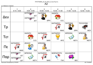 4ο ΓΥΜΝΑΣΙΟ ΓΛΥΦΑΔΑΣ
Δημιουργία Προγράμματος:21/5/2020 aSc Timetables
Ο.Ο.
ΧΑΖΑΠΗ
ΑΓΓ
ΜΥΡΩΝΙΔΟΥ
ΑΓΓ
ΛΑΓΚΑΔΙΝΟΥ
ΘΡΗ
ΠΑΤΡΩΝΑ
ΜΟΥ
ΤΟΥΛΟΥΜΗ
ΜΑΘ
ΚΑΤΣΑΡΟΥ
ΘΡΗ
ΠΑΤΡΩΝΑ
Ο.Ο.
ΧΑΖΑΠΗ
ΜΑΘ
ΚΑΤΣΑΡΟΥ
ΦΥΣ
ΚΑΤΣΑΡΟΥ
ΑΕΓΛ
ΜΠΕΣΙΝΑ
ΝΕΓΡ
ΜΠΕΣΙΝΑ
ΜΑΘ
ΚΑΤΣΑΡΟΥ
ΝΕΓΡ
ΜΠΕΣΙΝΑ
ΤΕΧ
ΖΕΚΙΟΥ
ΒΙΟ
ΚΑΛΗΜΕΡΗΣ
ΜΑΘ
ΚΑΤΣΑΡΟΥ
ΑΓΓ
ΜΥΡΩΝΙΔΟΥ
ΑΓΓ
ΛΑΓΚΑΔΙΝΟΥ
ΑΕΓΛ
ΜΠΕΣΙΝΑ
ΓΑΛ
ΜΟΙΡΑΣΓΕΤΗ
Δευ
Τρ
Τετ
Πε
Παρ
1
8:15 - 9:00
2
9:05 - 9:50
3
10:00 - 10:45
4
10:55 - 11:40
5
11:50 - 12:35
6
12:40 - 13:25
ΠΡΟΓΡΑΜΜΑ_25_05_2020_Θ_Τρίτη-Πέμπτη
Α2
 