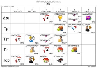 4ο ΓΥΜΝΑΣΙΟ ΓΛΥΦΑΔΑΣ
Δημιουργία Προγράμματος:21/5/2020 aSc Timetables
ΒΙΟ
ΚΑΛΗΜΕΡΗΣ
ΑΓΓ
ΜΥΡΩΝΙΔΟΥ
ΑΓΓ
ΛΑΓΚΑΔΙΝΟΥ
ΜΑΘ
ΚΑΤΣΑΡΟΥ
ΦΥΣ
ΚΑΤΣΙΓΙΑΝΝΗ
ΘΡΗ
ΠΑΤΡΩΝΑ
ΓΑΛ
ΟΙΚΟΝΟΜΟΠΟΥ
ΛΟΥ
Φ.Α.
ΘΕΟΦΑΝΙΔΗΣ
ΑΓΓ
ΜΥΡΩΝΙΔΟΥ
ΑΓΓ
ΛΑΓΚΑΔΙΝΟΥ
ΜΑΘ
ΚΑΤΣΑΡΟΥ
ΝΕΓΡ
ΔΡΑΚΟΠΟΥΛΟΥ
ΤΕΧ
ΖΕΚΙΟΥ
Ο.Ο.
ΧΑΖΑΠΗ
ΜΑΘ
ΚΑΤΣΑΡΟΥ
ΝΕΓΡ
ΔΡΑΚΟΠΟΥΛΟΥ
Φ.Α.
ΘΕΟΦΑΝΙΔΗΣ
Ο.Ο.
ΧΑΖΑΠΗ
ΜΟΥ
ΤΟΥΛΟΥΜΗ
ΜΑΘ
ΚΑΤΣΑΡΟΥ
ΘΡΗ
ΠΑΤΡΩΝΑ
Δευ
Τρ
Τετ
Πε
Παρ
1
8:15 - 9:00
2
9:05 - 9:50
3
10:00 - 10:45
4
10:55 - 11:40
5
11:50 - 12:35
6
12:40 - 13:25
ΠΡΟΓΡΑΜΜΑ_25_05_2020_Θ_Τρίτη-Πέμπτη
Α3
 