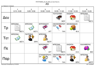 4ο ΓΥΜΝΑΣΙΟ ΓΛΥΦΑΔΑΣ
Δημιουργία Προγράμματος:21/5/2020 aSc Timetables
ΜΟΥ
ΤΟΥΛΟΥΜΗ
Ο.Ο.
ΧΑΖΑΠΗ
ΝΕΓΛ
ΜΠΕΣΙΝΑ
ΑΓΓ
ΜΥΡΩΝΙΔΟΥ
ΑΕΓΛ
ΜΠΕΣΙΝΑ
ΝΕΓΛ
ΜΠΕΣΙΝΑ
ΓΑΛ
ΟΙΚΟΝΟΜΟΠΟΥ
ΛΟΥ
Φ.Α.
ΘΕΟΦΑΝΙΔΗΣ
ΑΕΓΛ
ΜΠΕΣΙΝΑ
ΝΕΓΡ
ΜΠΕΣΙΝΑ
ΘΡΗ
ΠΑΤΡΩΝΑ
ΒΙΟ
ΚΑΛΗΜΕΡΗΣ
Ο.Ο.
ΧΑΖΑΠΗ
ΑΓΓ
ΜΥΡΩΝΙΔΟΥ
ΝΕΓΛ
ΜΠΕΣΙΝΑ
ΝΕΓΡ
ΜΠΕΣΙΝΑ
ΘΡΗ
ΠΑΤΡΩΝΑ
ΤΕΧ
ΣΤΑΘΑΚΟΠΟΥΛ
ΟΥ
ΓΑΛ
ΟΙΚΟΝΟΜΟΠΟΥ
ΛΟΥ
Δευ
Τρ
Τετ
Πε
Παρ
1
8:15 - 9:00
2
9:05 - 9:50
3
10:00 - 10:45
4
10:55 - 11:40
5
11:50 - 12:35
6
12:40 - 13:25
ΠΡΟΓΡΑΜΜΑ_25_05_2020_Θ_Τρίτη-Πέμπτη
Α5
 