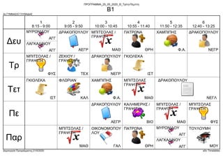 4ο ΓΥΜΝΑΣΙΟ ΓΛΥΦΑΔΑΣ
Δημιουργία Προγράμματος:21/5/2020 aSc Timetables
ΑΓΓ
ΛΑΓΚΑΔΙΝΟΥ
ΑΓΓ
ΜΥΡΩΝΙΔΟΥ
ΑΕΓΡ
ΔΡΑΚΟΠΟΥΛΟΥ
ΝΕΓΡ
ΔΡΑΚΟΠΟΥΛΟΥ
ΘΡΗ
ΠΑΤΡΩΝΑ
Φ.Α.
ΧΑΜΠΙΠΗΣ
ΜΑΘ
ΜΠΙΤΣΟΛΑΣ /
ΓΡΑΨΙΤΗ
ΙΣΤ
ΓΚΙΟΛΕΚΑ
ΝΕΓΡ
ΔΡΑΚΟΠΟΥΛΟΥ
ΦΥΣ
ΜΠΙΤΣΟΛΑΣ /
ΓΡΑΨΙΤΗ
ΤΕΧ
ΖΕΚΙΟΥ /
ΓΡΑΨΙΤΗ
ΝΕΓΛ
ΔΡΑΚΟΠΟΥΛΟΥ
ΙΣΤ
ΓΚΙΟΛΕΚΑ
ΚΑΛ
ΦΛΩΡΙΑΝ
Φ.Α.
ΧΑΜΠΙΠΗΣ
ΜΑΘ
ΜΠΙΤΣΟΛΑΣ
ΓΡΑΨΙΤΗ
ΑΕΓΡ
ΔΡΑΚΟΠΟΥΛΟΥ
ΦΥΣ
ΜΠΙΤΣΟΛΑΣ
ΓΡΑΨΙΤΗ
ΜΑΘ
ΜΠΙΤΣΟΛΑΣ /
ΓΡΑΨΙΤΗ
ΒΙΟ
ΚΑΛΗΜΕΡΗΣ /
ΓΡΑΨΙΤΗ
ΜΟΥ
ΤΟΥΛΟΥΜΗ
ΑΓΓ
ΛΑΓΚΑΔΙΝΟΥ
ΑΓΓ
ΜΥΡΩΝΙΔΟΥ
ΘΡΗ
ΠΑΤΡΩΝΑ
ΓΑΛ
ΟΙΚΟΝΟΜΟΠΟΥ
ΛΟΥ
ΜΑΘ
ΜΠΙΤΣΟΛΑΣ /
ΓΡΑΨΙΤΗ
Δευ
Τρ
Τετ
Πε
Παρ
1
8:15 - 9:00
2
9:05 - 9:50
3
10:00 - 10:45
4
10:55 - 11:40
5
11:50 - 12:35
6
12:40 - 13:25
ΠΡΟΓΡΑΜΜΑ_25_05_2020_Θ_Τρίτη-Πέμπτη
Β1
 