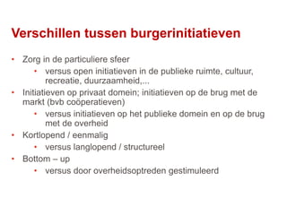 39
Verschillen tussen burgerinitiatieven
• Zorg in de particuliere sfeer
• versus open initiatieven in de publieke ruimte, cultuur,
recreatie, duurzaamheid,...
• Initiatieven op privaat domein; initiatieven op de brug met de
markt (bvb coöperatieven)
• versus initiatieven op het publieke domein en op de brug
met de overheid
• Kortlopend / eenmalig
• versus langlopend / structureel
• Bottom – up
• versus door overheidsoptreden gestimuleerd
 