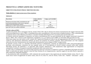 PROGETTO 4.1 APPROVAZIONE DEL NUOVO PRG
OBIETTIVI STRATEGICI PER IL TRIENNIO 2012-2014
Titolo obiettivo 1: Approvazione nuovo Piano regolatore
Indicatori:
Descrizione Valore obiettivo
(target)
Valore al 31/12/2012
Redazione documento delle controdeduzioni alle
osservazioni presentate ed alle riserve regionali
ON ON
Approvazione Regolamento edilizio ON ON
Definizione accordi e aspetti progettuali di revisione
parco del Torre con comuni contermini
ON
In fase di
approfondimento
Attività svolta nel 2012:
A partire dal gennaio 2012 è proseguita l’attività, iniziata il 09/11/2011 data di chiusura dei termini di presentazione dei soggetti interessati delle
osservazioni/opposizioni al nuovo PRGC, di predisposizione delle controdeduzioni a tali osservazioni (complessivamente n. 658); contestualmente
il medesimo lavoro è stato effettuato per le Riserve vincolanti formulate dalla Regione FVG con proprio parere del dicembre 2011.
Un’ulteriore attività ha riguardato la valutazione con relativa controdeduzione dei vari pareri presentati da altri soggetti istituzionali (Autorità di
Bacino, ARPA, ASL, Consorzio Ledra Tagliamento, Legambiente, ecc.), sia rispetto al nuovo PRGC sia nell’ambito della procedura di VAS.
Nello stesso tempo sono stati inoltre avviati i contatti con l’Agenzia del Demanio di Udine al fine del raggiungimento dell’intesa per la definizione
condivisa sulle destinazioni urbanistiche attribuite ad alcune loro proprietà nel territorio comunale, intesa perfezionatasi con l’atto congiunto
sottoscritto tra le due Amministrazioni che fa parte della documentazione tecnica allegata al PRGC in approvazione.
In generale il lavoro svolto si è articolato nell’iniziale attività di catalogazione, scansione ed organizzazione delle osservazioni/opposizioni
pervenute, nella preliminare valutazione dei temi segnalati anche con il coinvolgimento di diverse strutture comunali (uffici della viabilità,
dell’edilizia privata, del patrimonio e in particolare della Gestione urbanistica) e nella preparazione degli aggiornamenti ed integrazioni
cartografiche e normative conseguenti al possibile accoglimento delle osservazioni stesse.
Si è poi svolto il coordinamento con le attività degli incaricati esterni per assicurare la complessiva coerenza e rispondenza del progetto del nuovo
PRGC, in particolare per quanto riguarda il tema del Piano Struttura (la cui riorganizzazione è specifico oggetto di una delle Riserve regionali) e
della Valutazione Ambientale Strategica.
La documentazione delle controdeduzioni e delle valutazioni dei succitati pareri è stata organizzata per tematiche (Schede norma, Zone E, Zone
nuclei storici minori ed agglomerati di matrice rurale, Zone D e H, Zone VU, Zone B, Norme, Centro città , Viabilità – attrezzature – parchi,
59
 