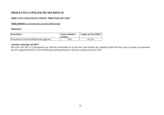 67
PROGETTO 5.3 POLITICHE DEI RIFIUTI
OBIETTIVI STRATEGICI PER IL TRIENNIO 2013-2015
Titolo obiettivo 1: Incremento raccolta differenziata
Indicatori:
Descrizione Valore obiettivo
(target)
Valore al 31/12/2013
Percentuale di raccolta differenziata raggiunta 65% 65,32%
Attività svolta fino nel 2013
Nel corso del 2013 si è proseguito con l’attività consolidata ed in più sono stati ottenuti dei contributi dalla Provincia per l’acquisto di contenitori
per olii vegetali domestici la cui distribuzione alla popolazione è prevista a partire da inizio 2014.
 