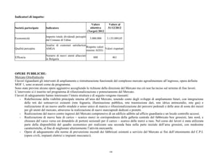 Indicatori di impatto:
Società partecipate Indicatore
Valore
obiettivo
(Target) 2012
Valore al
31/12/2012
Economicità
Importo totale dividendi percepiti
dal Comune di Udine
3.000.000 3.135.089,85
Qualità percepita
Analisi di customer satisfaction
AMGA
Rispetto valori
minimi AEEG
Valori rispettati
Efficacia
Numero di nuovi utenti allacciati
in Bulgaria
800 461
OPERE PUBBLICHE:
Mercato Ortofrutticolo
I lavori riguardanti gli interventi di ampliamento e ristrutturazione funzionale del complesso mercato agroalimentare all’ingrosso, opera definita
MOF 1, sono avanzati come da programma.
Sono state previste alcune opere aggiuntive accogliendo le richieste della direzione del Mercato ma ciò non ha inciso sul termine di fine lavori.
L’intervento si è inserito nel programma di rifunzionalizzazione e potenziamento del Mercato.
I lavori di adeguamento hanno interessato l’intera struttura e di seguito vengono riassunti:
- Ridefinizione della viabilità principale interna all’area del Mercato, tenendo conto degli sviluppi di ampliamento futuri, con integrazione
delle reti dei sottoservizi esistenti (rete fognaria, illuminazione pubblica, rete trasmissione dati, rete idrica antincendio, rete gas) e
realizzazione di un nuovo anello stradale a senso unico di marcia e rifunzionalizzazione dei percorsi pedonali e delle aree di sosta dei mezzi
per gli utenti del mercato, attraverso la realizzazione di nuovi marciapiedi dedicati e protetti.
- Realizzazione del nuovo centro ingressi del Mercato comprensivo di un edificio adibito ad ufficio guardiania e un locale controllo accessi.
- Realizzazione di nuove baie di carico – scarico merci in corrispondenza della galleria centrale del fabbricato box grossisti, lato nord, e
chiusura del varco verso est dotandolo di portoni sezionali per il carico – scarico delle merci a raso. Nel corso dei lavori è stata utilizzata
parte della disponibilità del quadro economico per realizzare una seconda baia nella parte iniziale dell’area grossisti, con medesime
caratteristiche, al fine di migliorare ulteriormente l’attività mercantile.
- Opere di adeguamento alle norme di prevenzione incendi dei fabbricati esistenti a servizio del Mercato ai fini dell’ottenimento del C.P.I.
(opere civili, impianti elettrici e impianti meccanici).
108
 